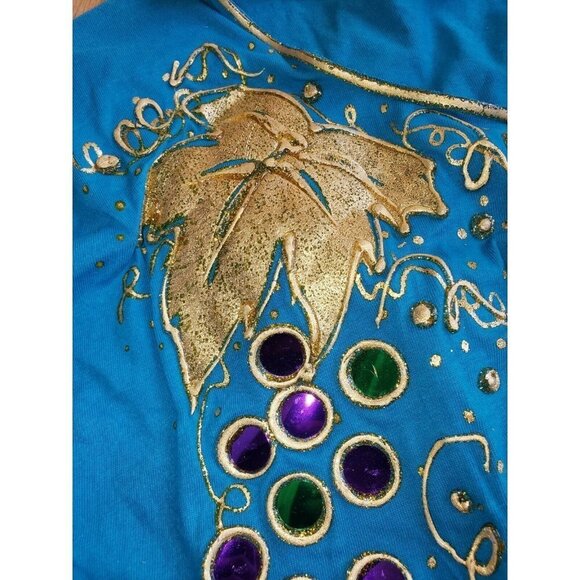 Vintage Knit Top Long Sleeve Blue Puffy Paint Leaves Grapes OS Funky 80s Costume - Picture 7 of 8